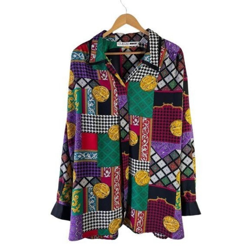 CHAUS Woman Plus Size Bold Geometric Multi Prints Button Blouse